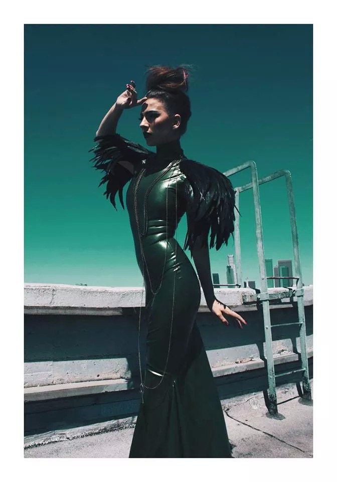 Feathered Fishtail Gown, made-to-measure latex by Blacklickorish