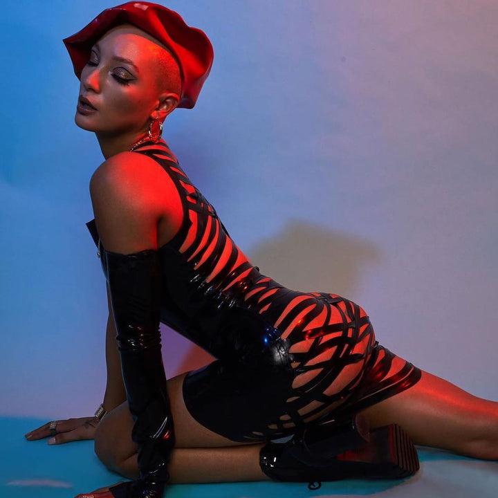 Beret, Fingerless Opera Gloves and Strapped Mini Dress worn by Jeana Turner. Photograph by Meech, styling by Ambika.