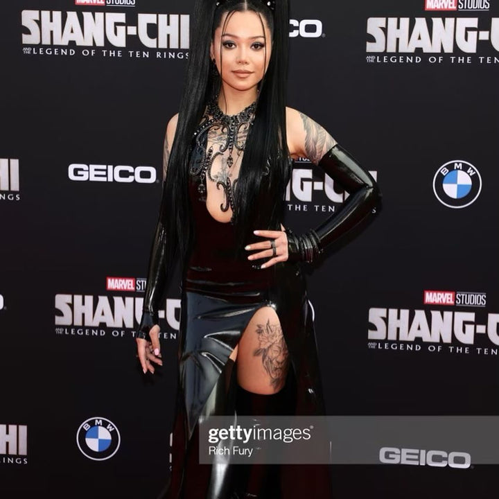 Custom corset gown with gloves and stockings, worn on the red carpet. Styling by Nothing But Trouble.