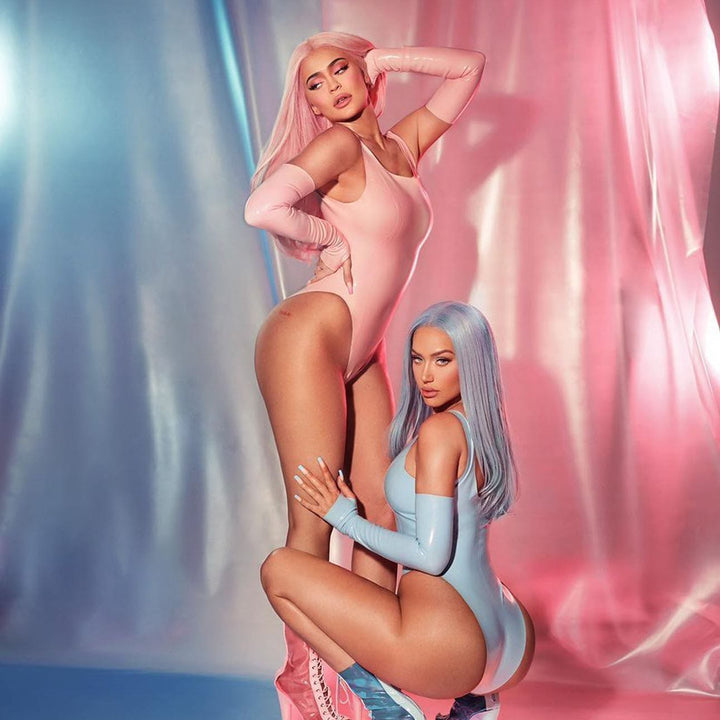 French Cut Tank Suits and Opera Length Fingerless Gloves in pink and blue.