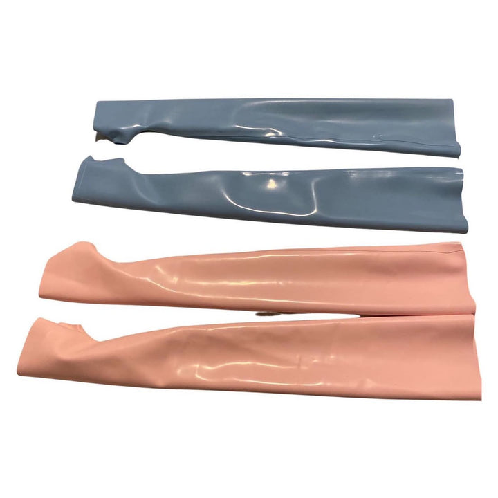 French Cut Tank Suits and Opera Length Fingerless Gloves in pink and blue.