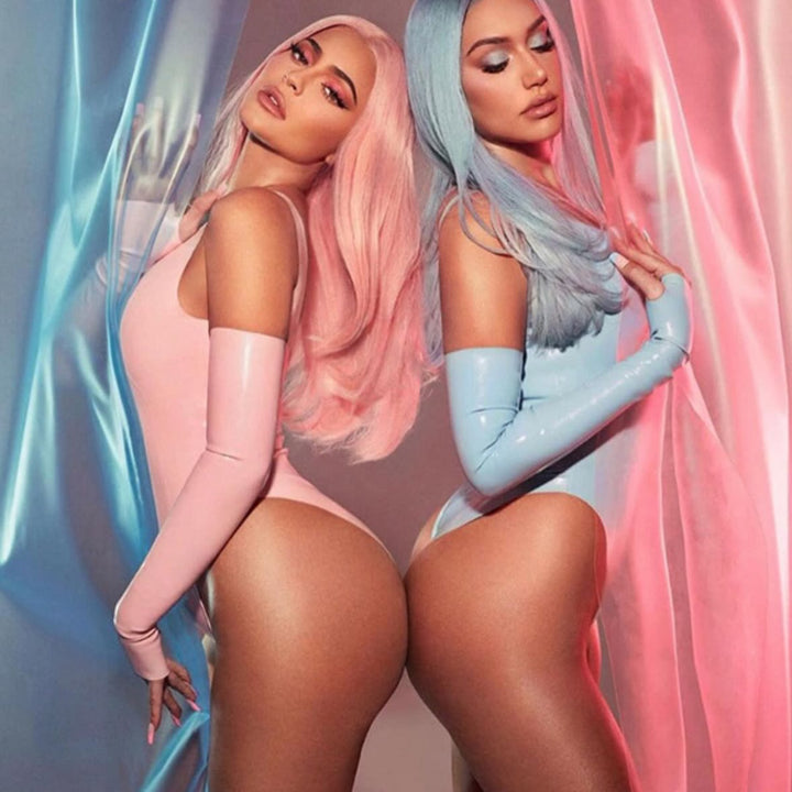 Tank Bodysuits and Fingerless Opera Gloves in baby blue and baby pink. Photograph by Greg Swales.