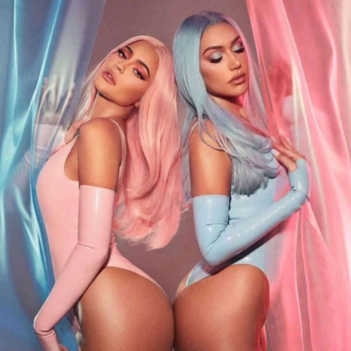 Tank Bodysuits and Fingerless Opera Gloves in baby blue and baby pink. Photograph by Greg Swales.